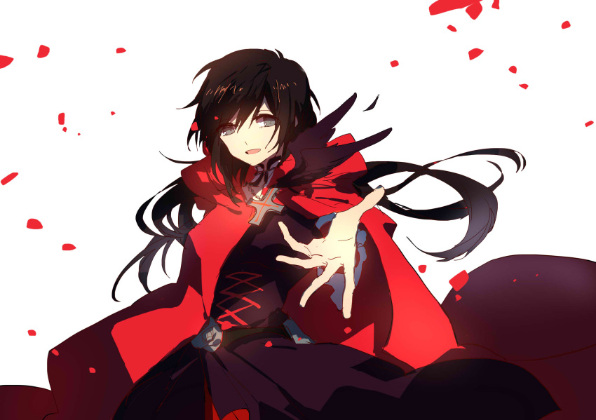 1girl, black_hair, grey_eyes, highres, hooded_cloak, min_(120716), outstretched_arm, petals