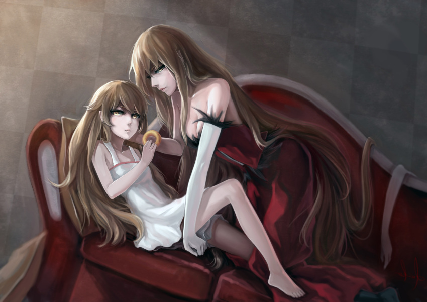 1girl, absurdres, bare_shoulders, barefoot, blonde_hair, doughnut, dress, dual_persona