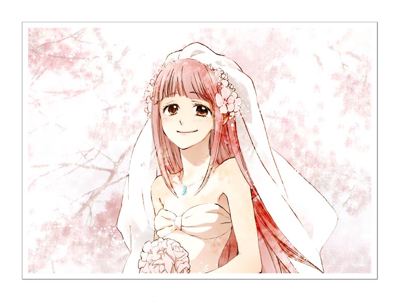 1girl, bare_shoulders, bouquet, bridal_veil, bride, brown_eyes, dress, ebisugawa_kaisei