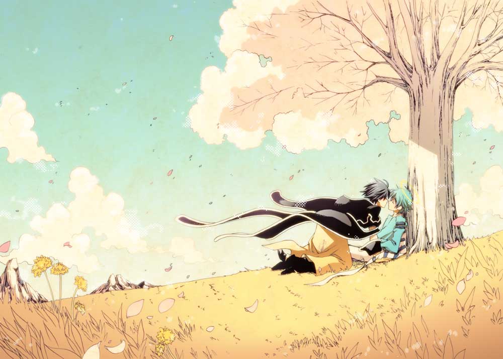 2boys, black_hair, blue_hair, closed_eyes, fugen_shinjin, houshin_engi, incipient_kiss, multiple_boys
