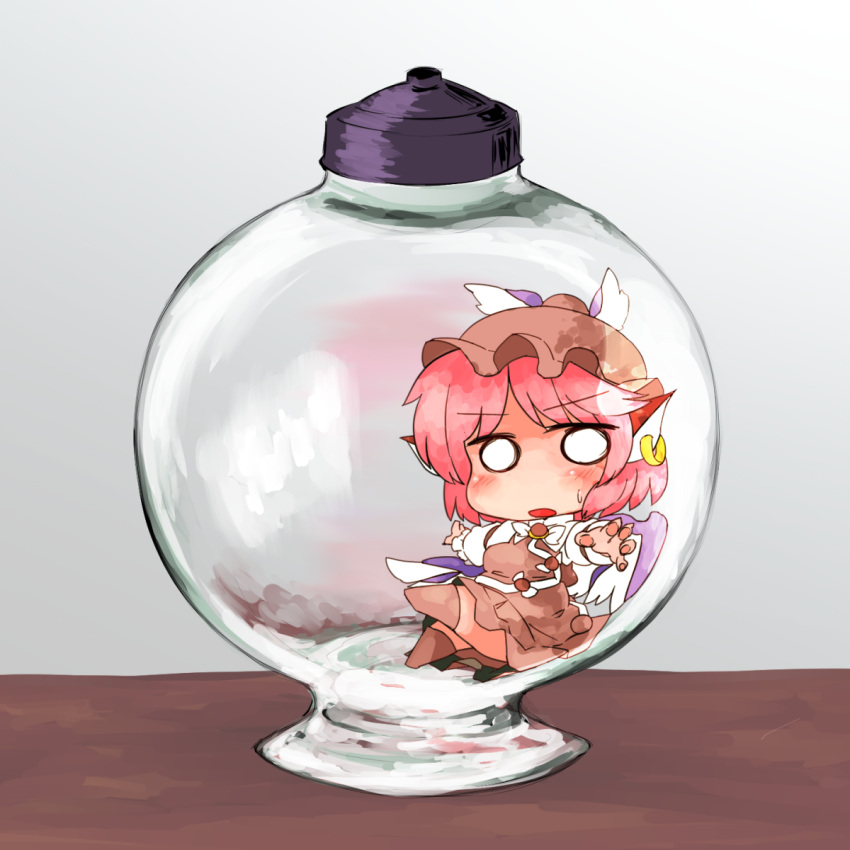 1girl, bottle, chibi, commentary_request, dress, earrings, hat, highres, in_bottle, in_container, ini_phm, jewelry, looking_at_viewer, mystia_lorelei, o_o, pink_hair, short_hair, solo, sweatdrop, touhou