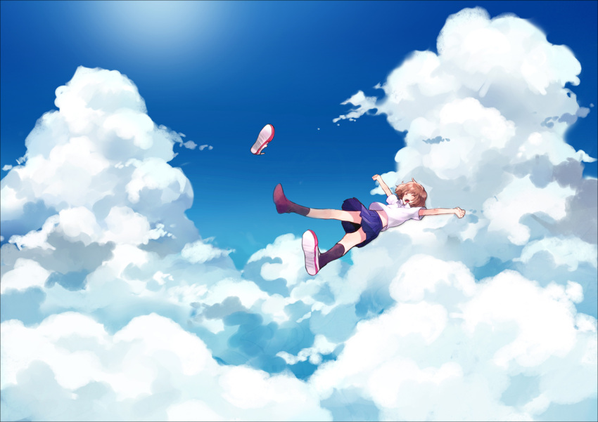 1girl, brown_hair, clouds, falling, makoto_(roketto-massyumaro), original, school_uniform, sky