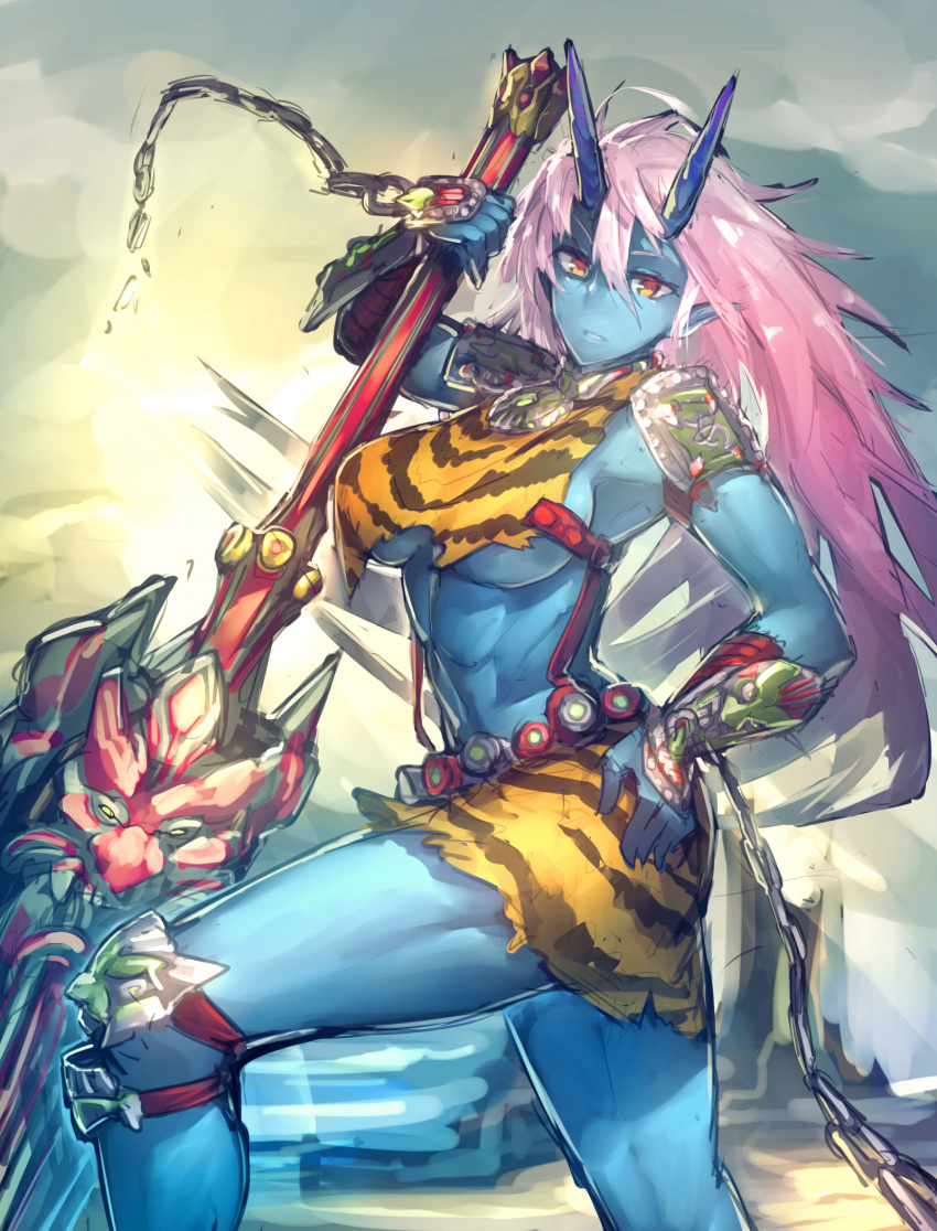 1girl, armor, blue_skin, breasts, chain, gauntlets, highres, jingai_musume