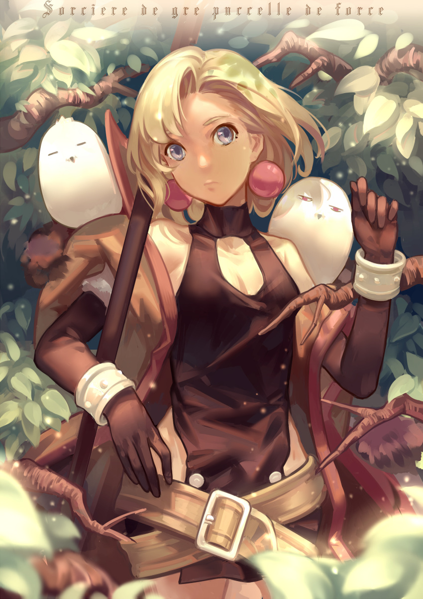 1girl, artemis_(junketsu_no_maria), bird, blonde_hair, blue_eyes, earrings, highres, jewelry