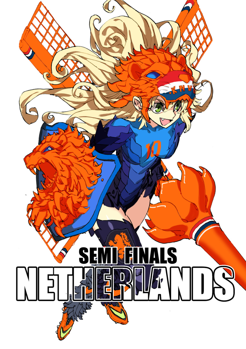 1girl, 2014_fifa_world_cup, absurdres, blonde_hair, daibajoujisan, fang, green_eyes, helmet