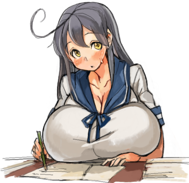 1girl, ahoge, blush, breast_rest, breasts, huge_breasts, inconvenient_breasts, kantai_collection