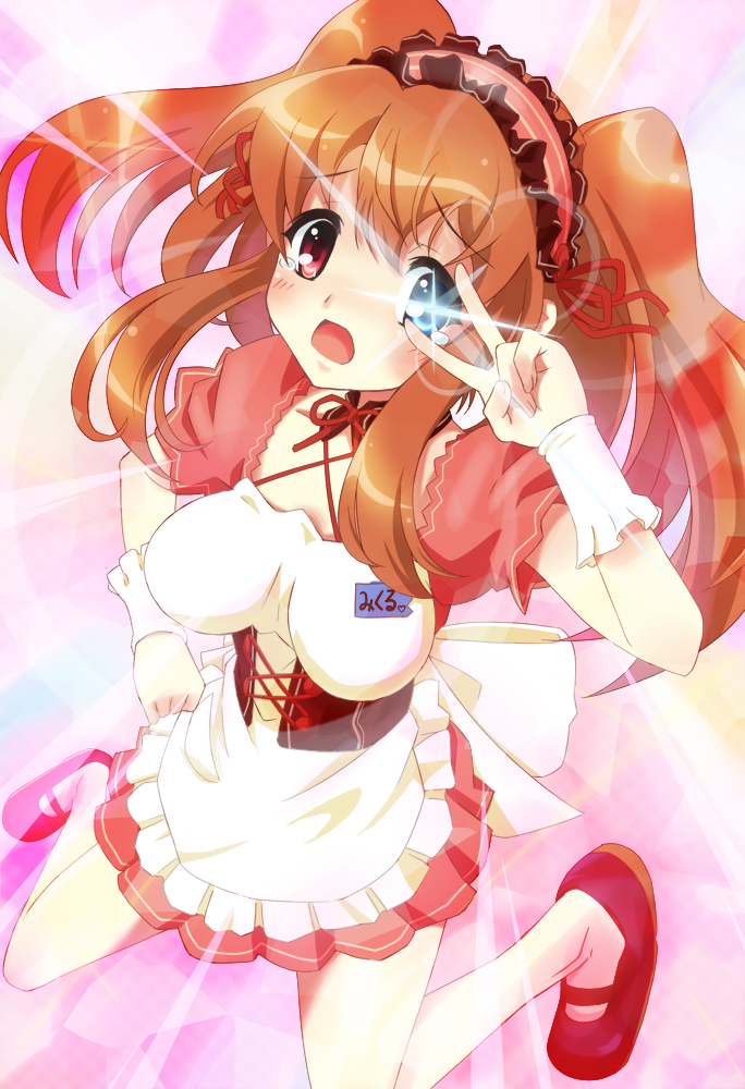 asahina_mikuru, blush, contact_lens, heterochromia, kneeling, mikuru_beam, solo, sumire_(artist)