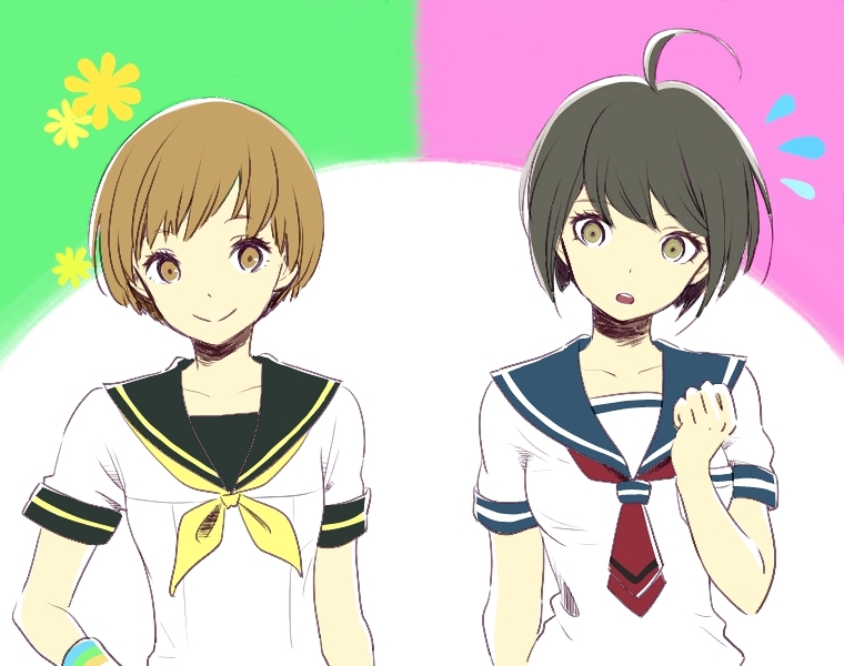 2girls, ahoge, bangs, brown_eyes, brown_hair, crossover, dangan_ronpa, hand_on_hip, multiple_girls, naegi_komaru, open_mouth, persona, persona_4, popela, satonaka_chie, school_uniform, serafuku, short_hair, smile, swept_bangs, zettai_zetsubou_shoujo