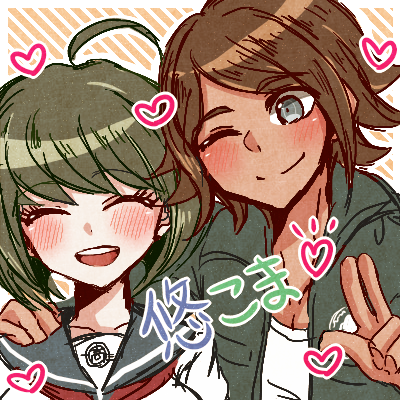1boy, 1girl, ;), ahoge, asahina_yuuta, bangs, blue_eyes, blush, brown_hair, closed_eyes, dangan_ronpa, heart, lowres, naegi_komaru, one_eye_closed, school_uniform, serafuku, short_hair, smile, swept_bangs, track_jacket, v, zettai_zetsubou_shoujo