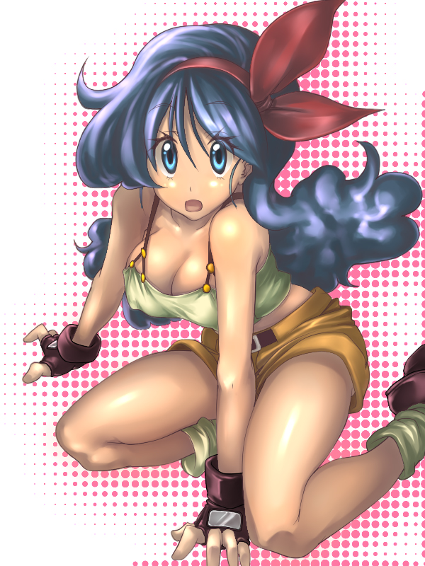 blue_eyes, blue_hair, bow, breasts, cleavage, curly_hair, dragon_ball, erect_nipples, fingerless_gloves, gloves, ise_(pixiv), ise_(studio_ibusos), lunch_(dragon_ball), shorts, solo