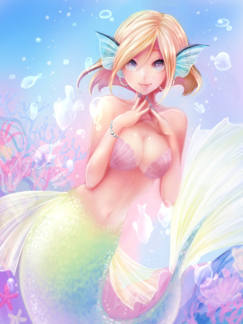 1girl, blonde_hair, blue_eyes, bracelet, breasts, cleavage, earrings, head_fins, highres, jewelry, large_breasts, looking_at_viewer, mermaid, monster_girl, nail_polish, original, rapisu_(mmponpom7), shell, shell_bikini, short_hair, smile, solo, underwater