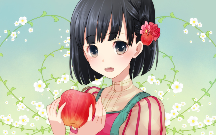 1girl, apple, bangs, black_hair, blunt_bangs, blush, flower, food
