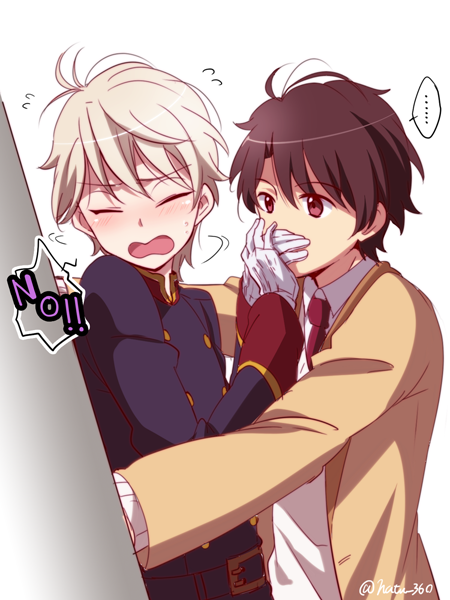 2boys, aldnoah.zero, blocking_kiss, blush, brown_eyes, brown_hair, closed_eyes, kaizuka_inaho