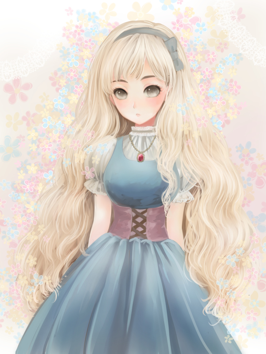 1girl, absurdres, blonde_hair, bow, dress, flower, grey_eyes, hairband