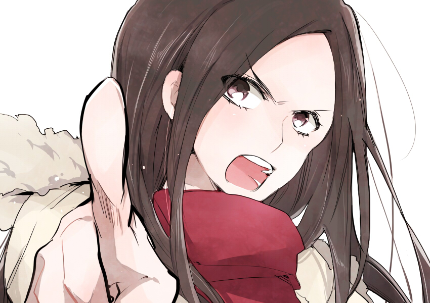 1girl, black_hair, fur_trim, hidaka_en, long_hair, open_mouth, pointing, scarf, trick_(dorama), yamada_naoko_(trick)