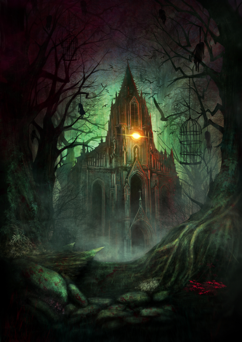 blood, cage, church, corpse, dannzairosuto, dark, flower, fog, forest, hanging, nature, no_humans, original, raven