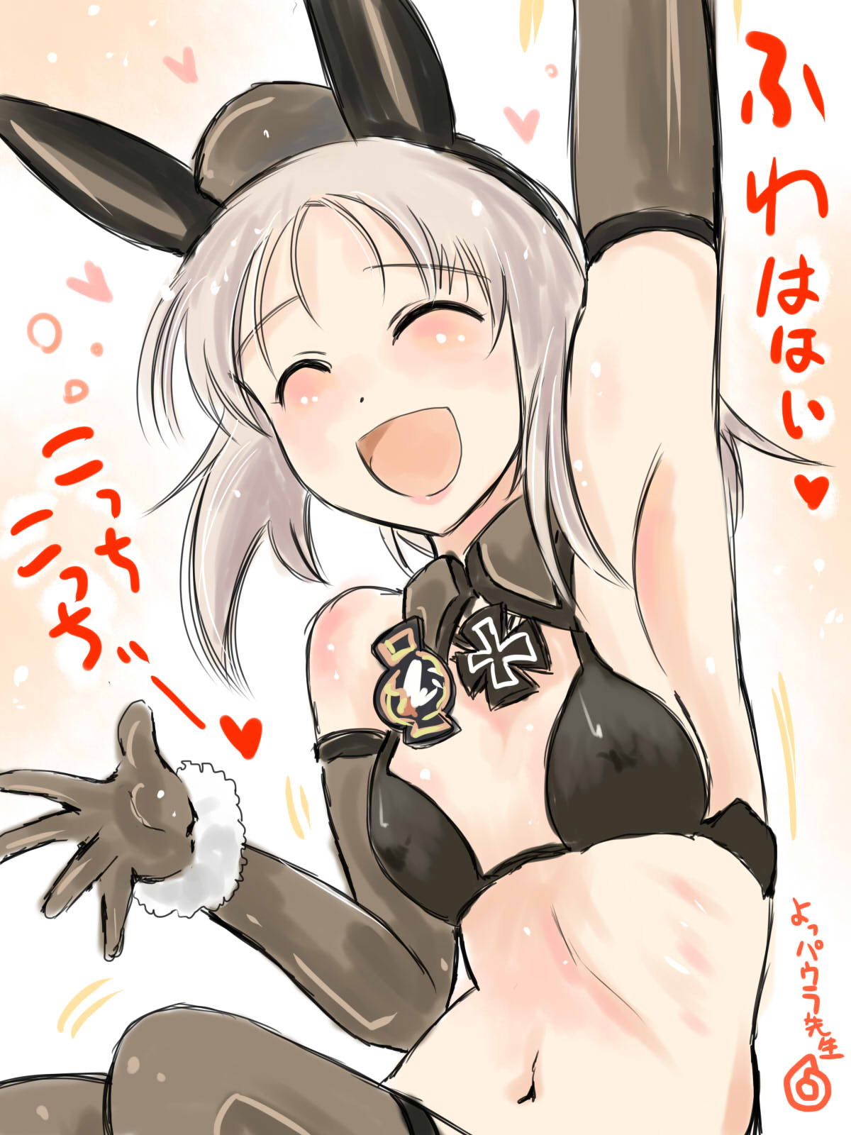 1girl, :d, animal_ears, arm_up, armpits, bare_shoulders, bikini, black_bikini