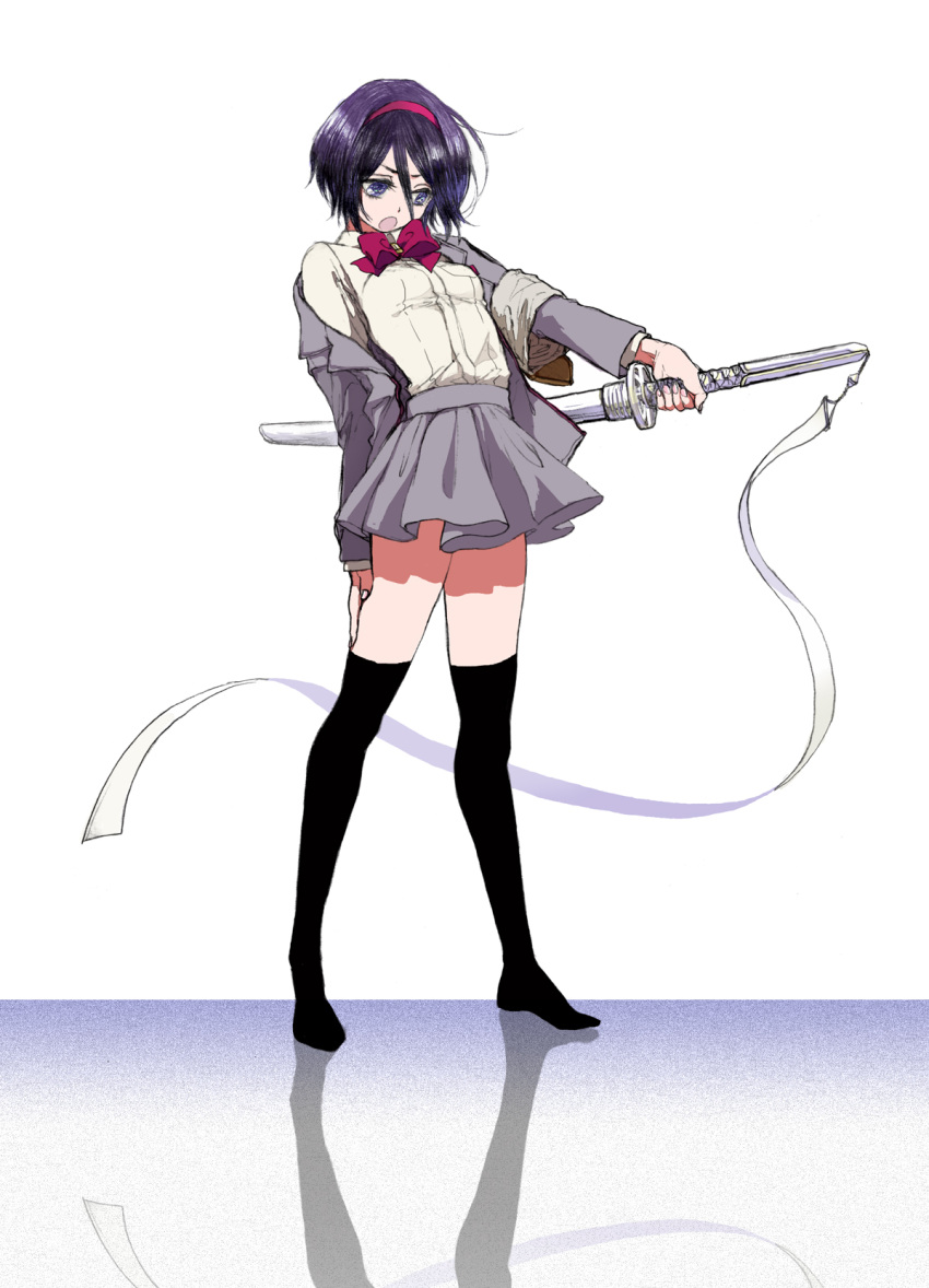 1girl, black_hair, black_legwear, bleach, blue_eyes, hairband, highres, kuchiki_rukia, okihana, school_uniform, short_hair, skirt, solo, sword, thigh-highs, weapon