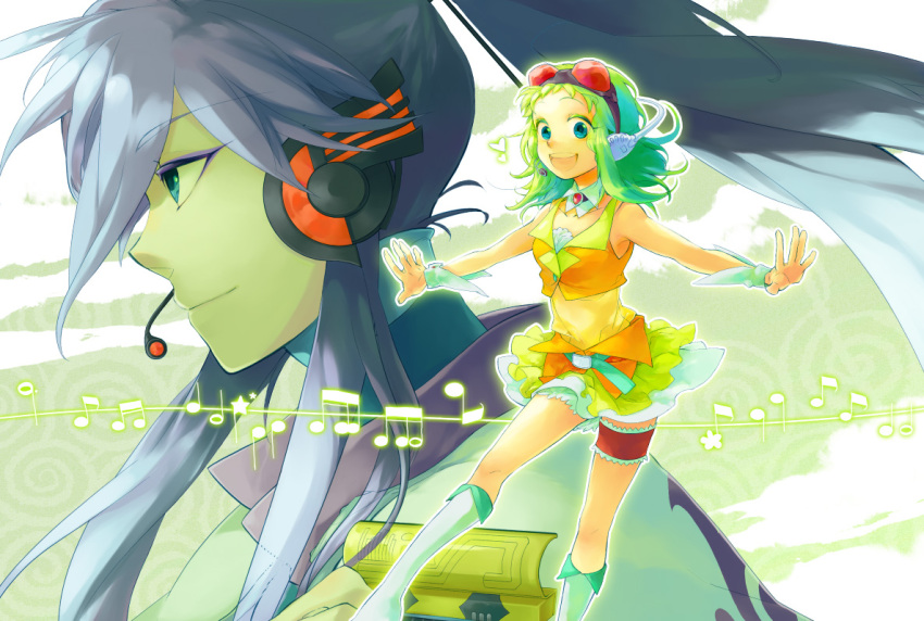 blue_eyes, boots, goggles, goggles_on_head, green_eyes, green_hair, gumi, headphones, headset, kamui_gakupo, long_hair, midriff, nyoroge, ponytail, purple_hair, short_hair, skirt, smile, vocaloid, wrist_cuffs