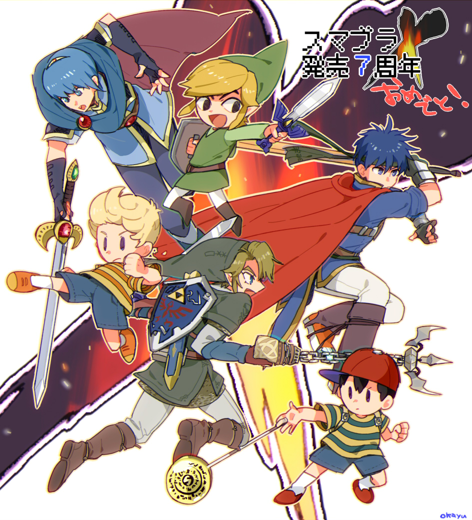 6+boys, :d, baseball_cap, black_hair, blonde_hair, blue_eyes, blue_hair, boots