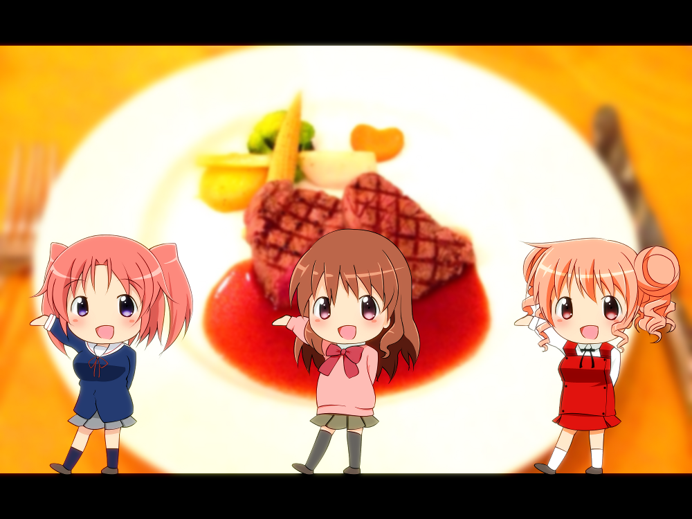 3girls, amamori_yuu, chibi, company_connection, food, grilled_meat, hidamari_sketch, hiro, koufuku_graffiti, machiko_ryou, mikakunin_de_shinkoukei, morino_kirin, nora_ichigo, shiawase_graffiti, yonomori_kobeni