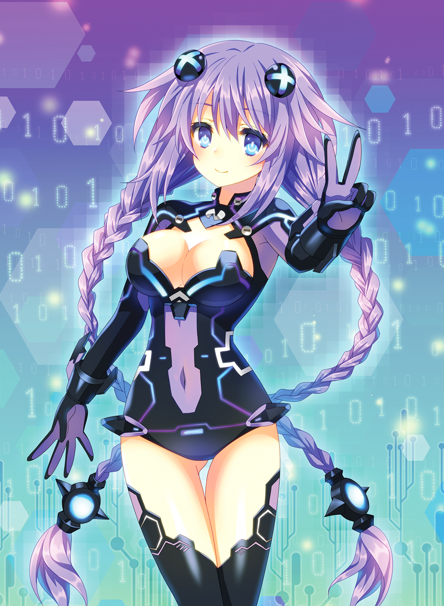 1girl, binary, black_gloves, black_legwear, blue_eyes, bodysuit, braid, breasts