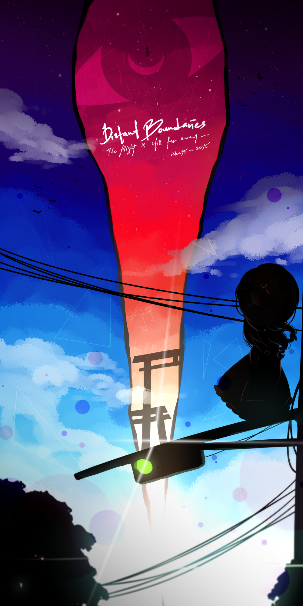 2015, 2girls, bird, blue_sky, bow, circle, clouds, cursive