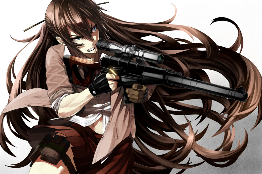 1girl, blue_eyes, brown_hair, clenched_teeth, fingerless_gloves, gloves, gun, hair_ornament