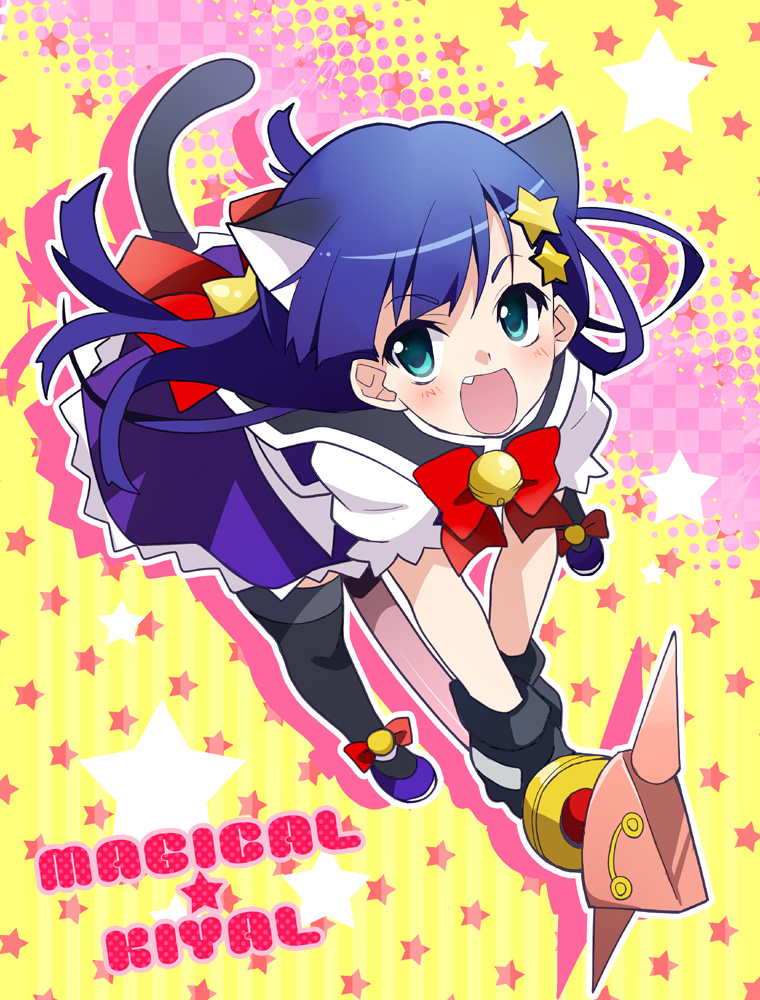1girl, animal_ears, blue_eyes, blue_hair, bow, cat_ears, cat_tail, dress