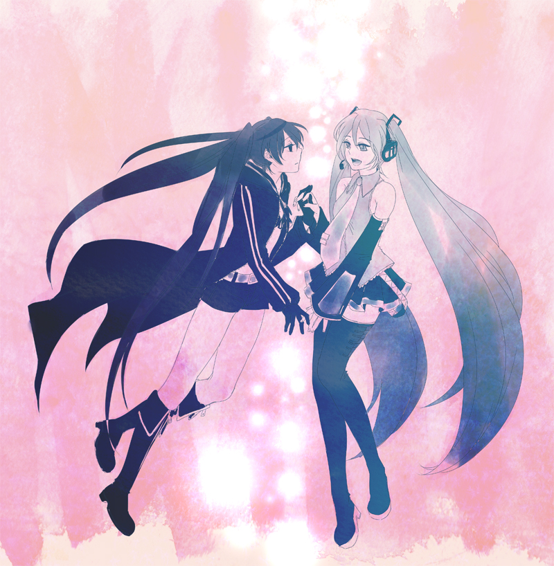 aqua_eyes, aqua_hair, black_hair, black_rock_shooter, black_rock_shooter_(character), boots, coat, detached_sleeves