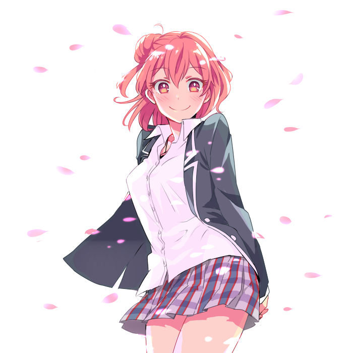 1girl, arms_behind_back, blush, dress_shirt, jacket, looking_at_viewer, petals, pink_eyes
