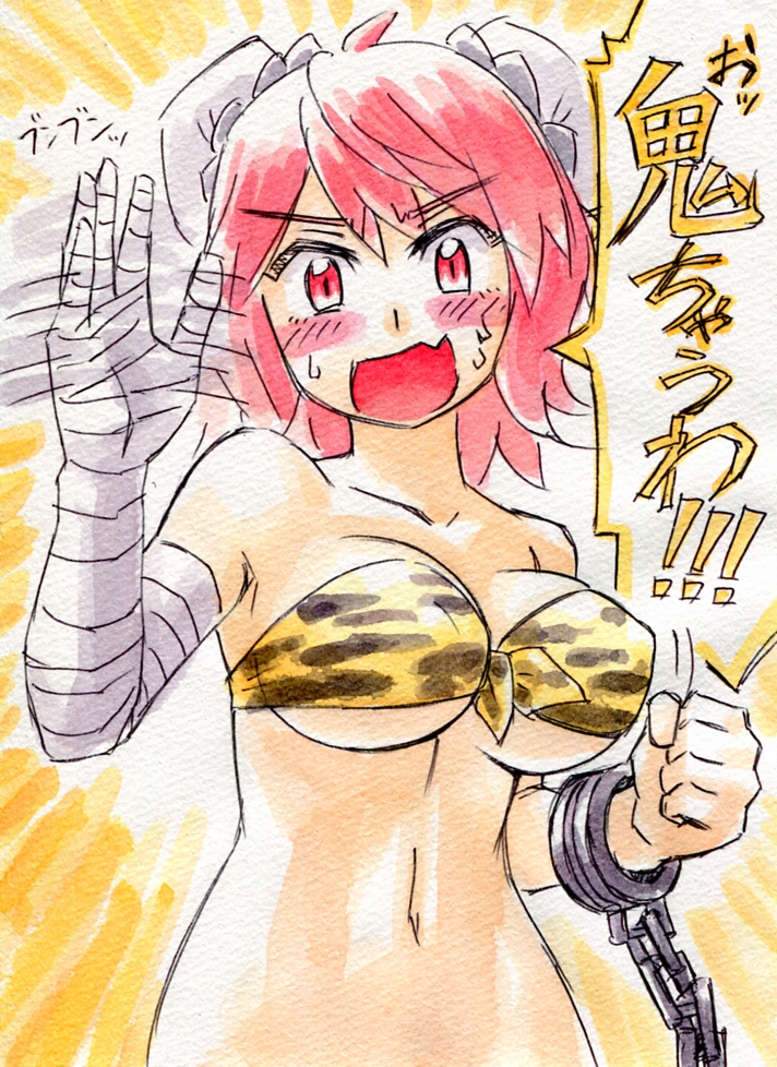 1girl, alternate_costume, bandages, bikini, blush_stickers, double_bun, ibaraki_kasen, kawachi_koorogi