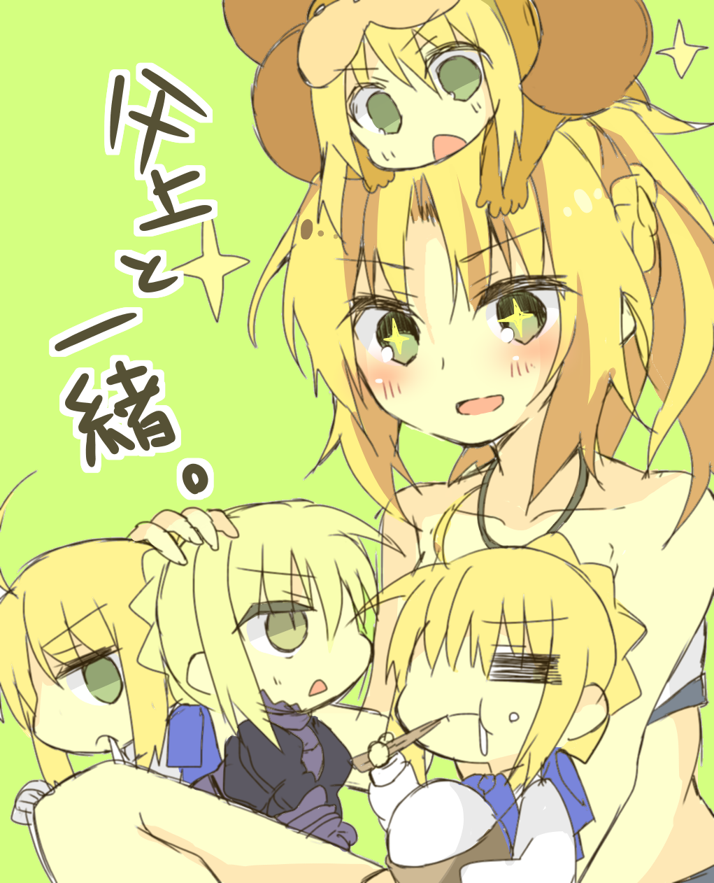 5girls, blonde_hair, chibi, green_eyes, highres, kiminitokimeki, multiple_girls, saber