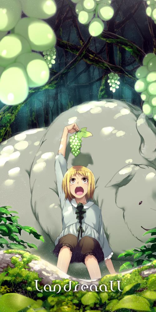 1girl, blonde_hair, brown_eyes, ekoo, food, fruit, grapes, ion_luccafort