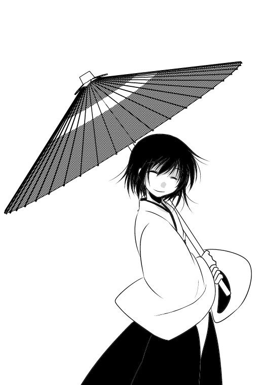 1girl, black_hair, closed_eyes, gon_(eng-hue), japanese_clothes, miko, mimei_(soudentou_no_mimei), monochrome, oriental_umbrella, short_hair, smile, solo, soudentou_no_mimei, umbrella