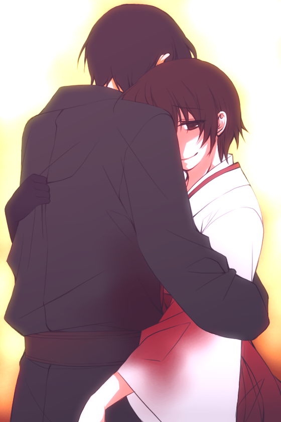1boy, 1girl, black_hair, blood, hug, japanese_clothes, miko, military, military_uniform, mimei_(soudentou_no_mimei), mogiko, short_hair, soudentou_no_mimei, spoilers, uniform, yato_(soudentou_no_mimei)