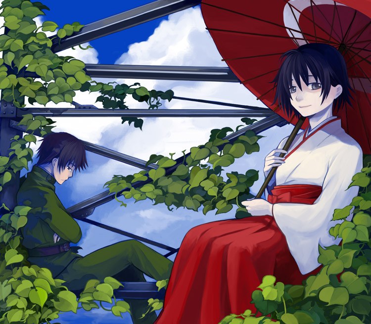 1boy, 1girl, black_eyes, black_hair, japanese_clothes, kumiko_(ninny), miko, military, military_uniform, mimei_(soudentou_no_mimei), oriental_umbrella, short_hair, soudentou_no_mimei, umbrella, uniform, yato_(soudentou_no_mimei)