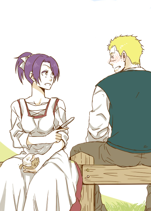 1boy, 1girl, blonde_hair, blush, husband_and_wife, jinroku_rehabily, knife, landreaall