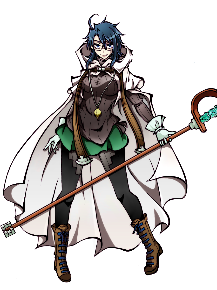 1girl, artist_request, blue_eyes, boots, cape, fang, glasses, highres, log_horizon, long_hair, roe2, skirt, solo, staff, sweater, vampire