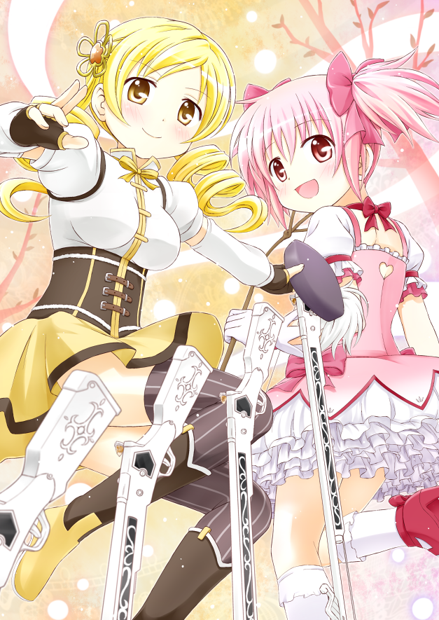2girls, :d, blonde_hair, bow, drill_hair, fingerless_gloves, gloves, gun