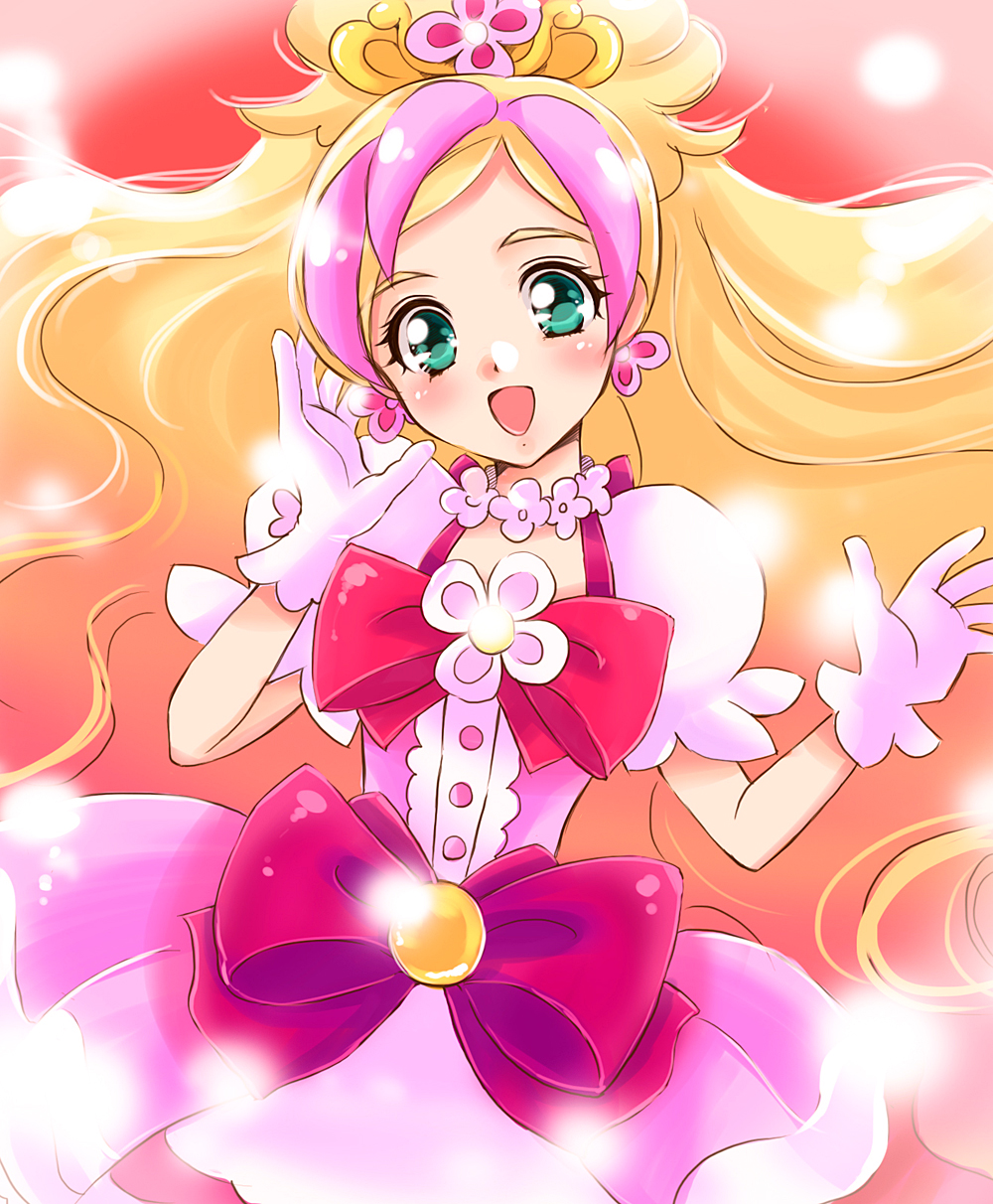 1girl, :d, aqua_eyes, blonde_hair, blush, choker, cure_flora, gloves