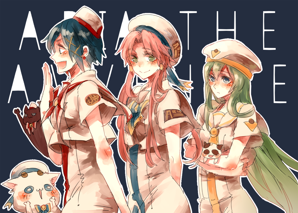 3girls, aika_granzchesta, alice_carroll, aria, aria_pokoteng, blue_background, blue_eyes, blue_hair, blush, cat, grazie_(avvenire-aria), green_eyes, green_hair, hat, hime_granzchesta, long_hair, mizunashi_akari, multiple_girls, open_mouth, pink_hair, president_maa, short_hair, sketch, smile