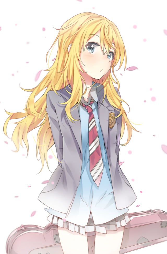 1girl, blonde_hair, blue_eyes, cozyquilt, looking_at_viewer, loose_necktie, miyazono_kawori, necktie