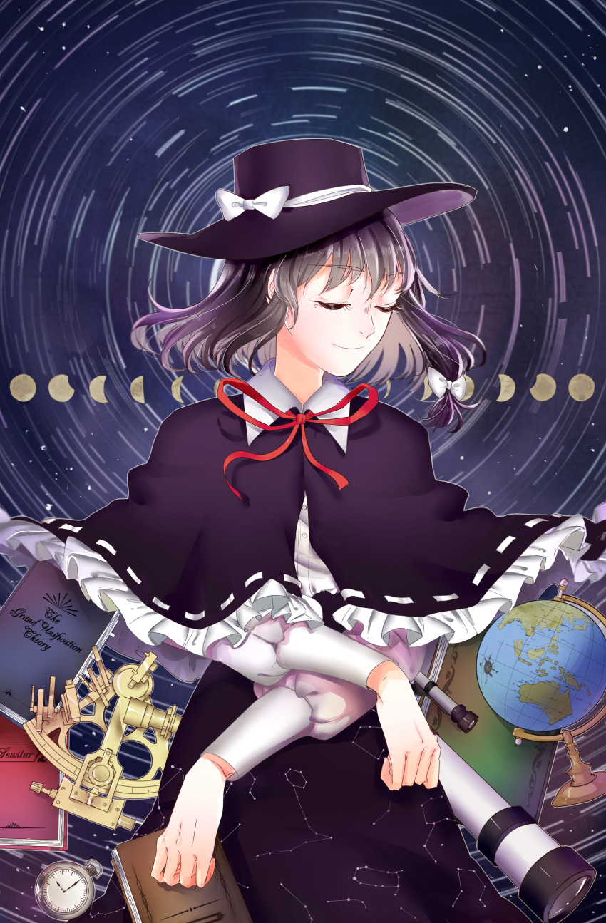 1girl, absurdres, artist_name, black_hair, black_skirt, book, bow, capelet