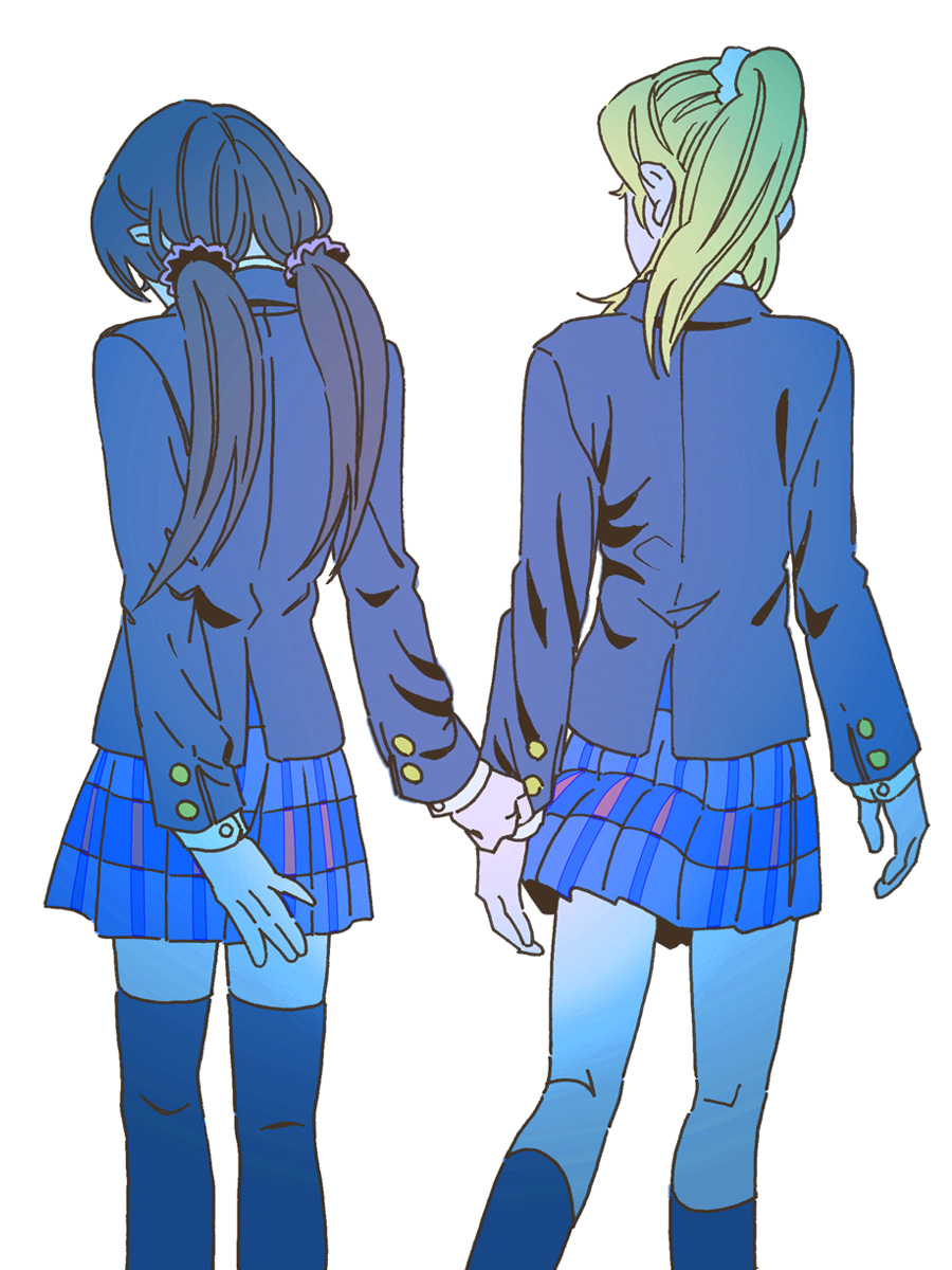 2girls, ayase_eli, back, black_hair, black_legwear, blazer, blonde_hair, clothes_grab