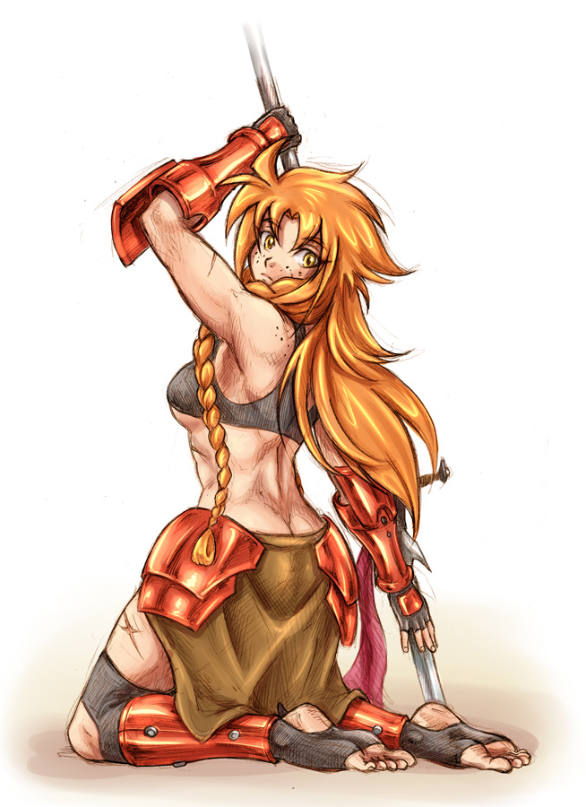 1girl, armor, back, barefoot, braid, butt_crack, dirty_feet, freckles, kneeling, les_chevaucheurs, loincloth, looking_back, maxa', muscle, phenice_walholl, polearm, soles, spear, toeless_socks, toes, weapon