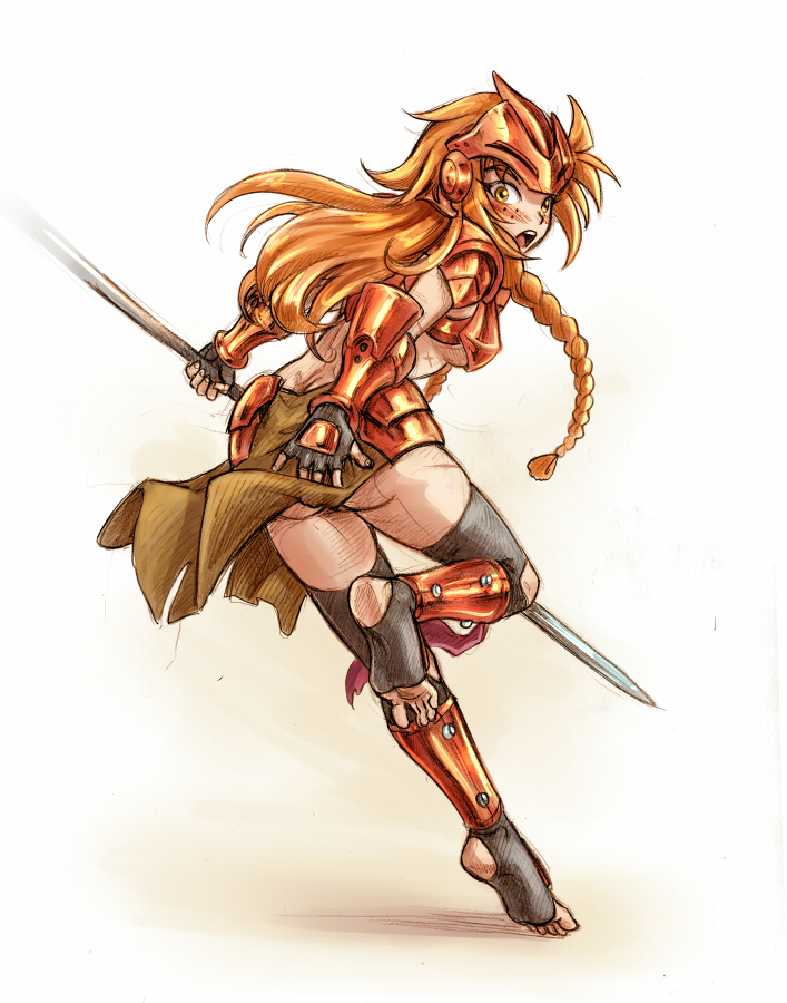 1girl, armor, barefoot, blush, braid, covering, covering_ass, dirty_feet