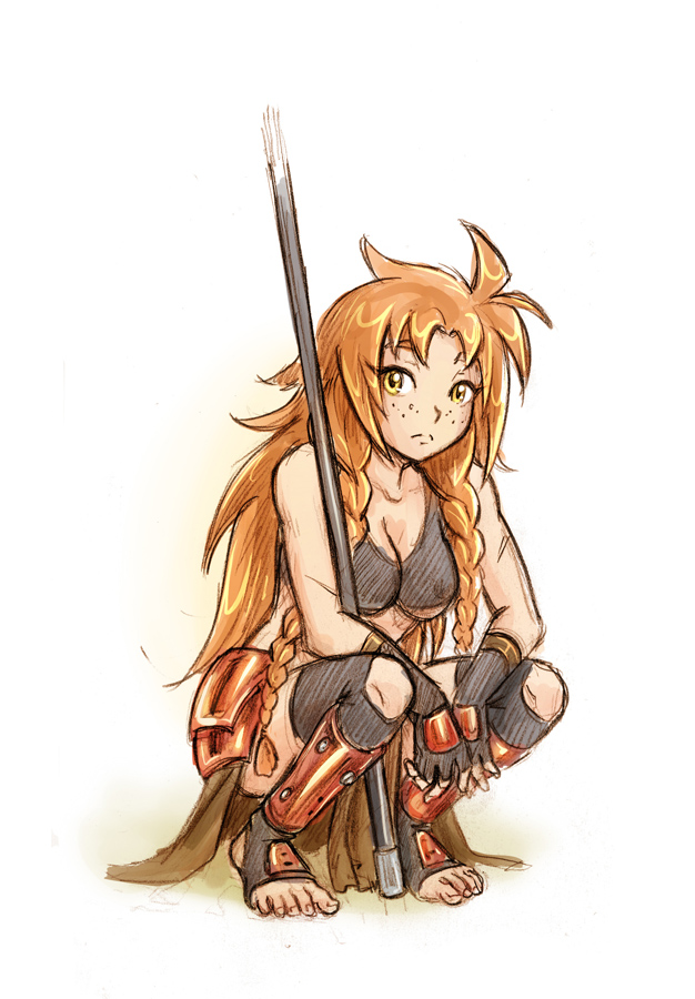 1girl, armor, barefoot, braid, freckles, les_chevaucheurs, loincloth, long_hair