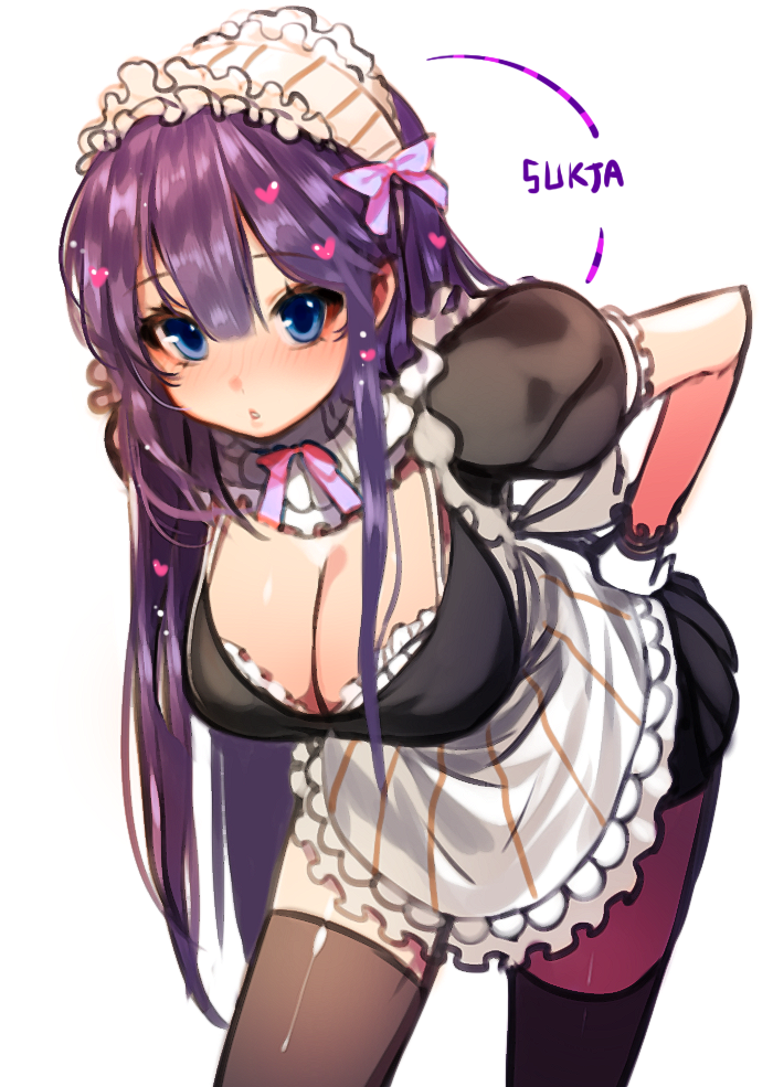 1girl, apron, artist_name, bent_over, black_legwear, blue_eyes, blush, breasts