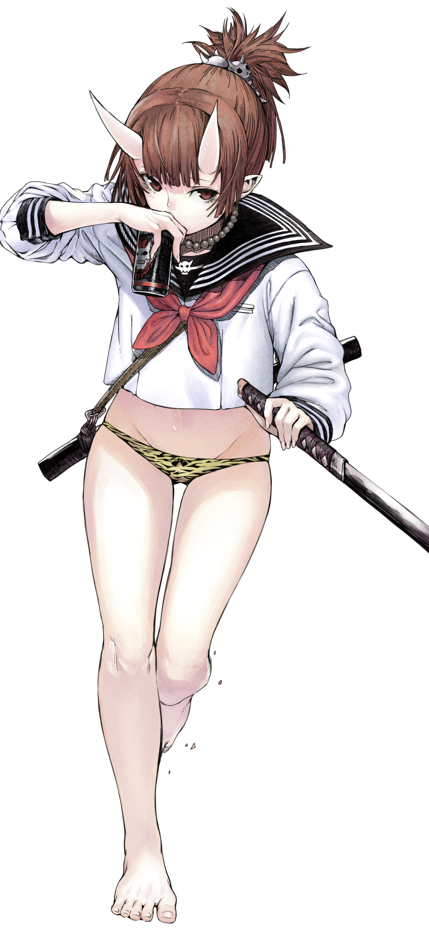 1girl, absurdres, barefoot, brown_hair, can, highres, horns, katana